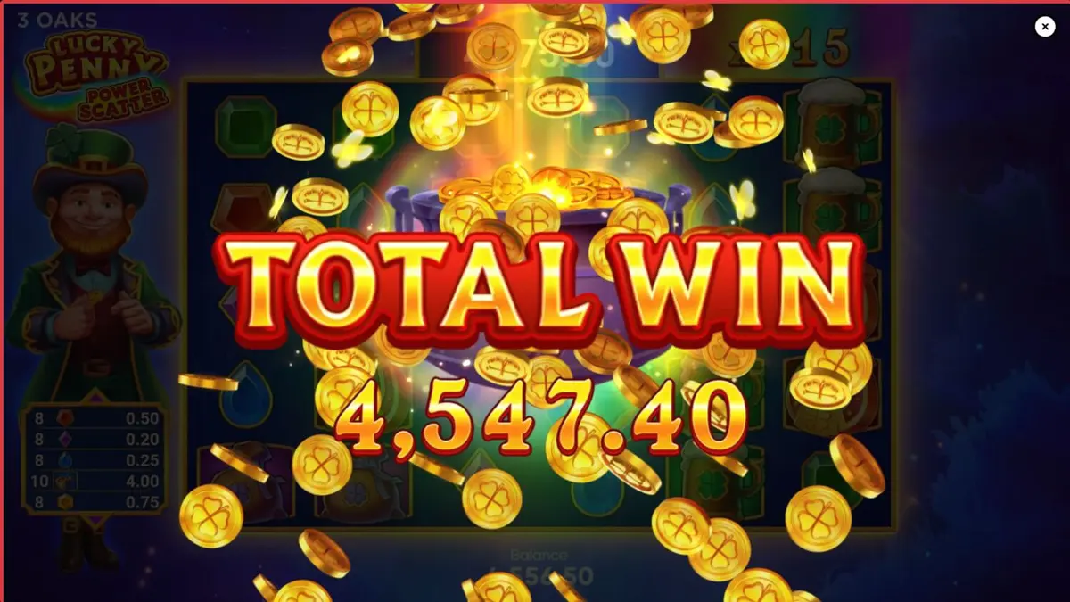 Lucky Penny Power Scatter slot game interface featuring a leprechaun and golden forest theme